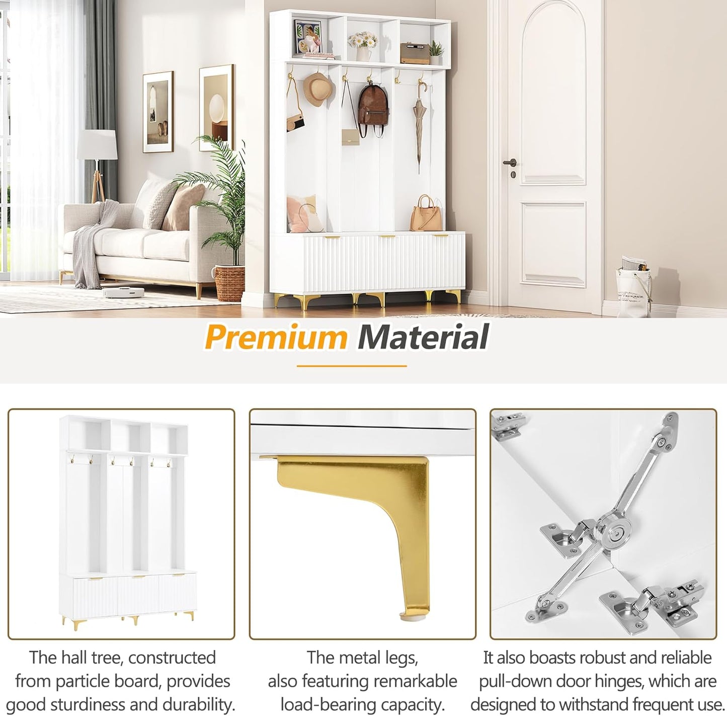 49.6" Hall Tree with Bench and Shoe Storage,Modern Entryway Cabinet with High Gloss Fluted Doors & Open Shelves,5-In-1 Coat Rack W/ 6 Gold Hooks and Legs for Hallway,White