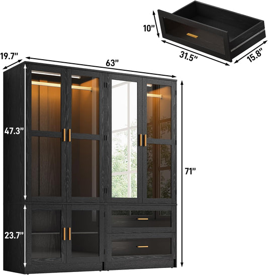 4 Doors Armoire Wardrobe Closet with LED and Mirror,71" H Freestanding Wooden Wardrobe Closet Cabinet for Bedroom W 2 Drawers,Wooden Clothing Storage Cabinet W Hanging Rod,Closets for Bedroom(Black)