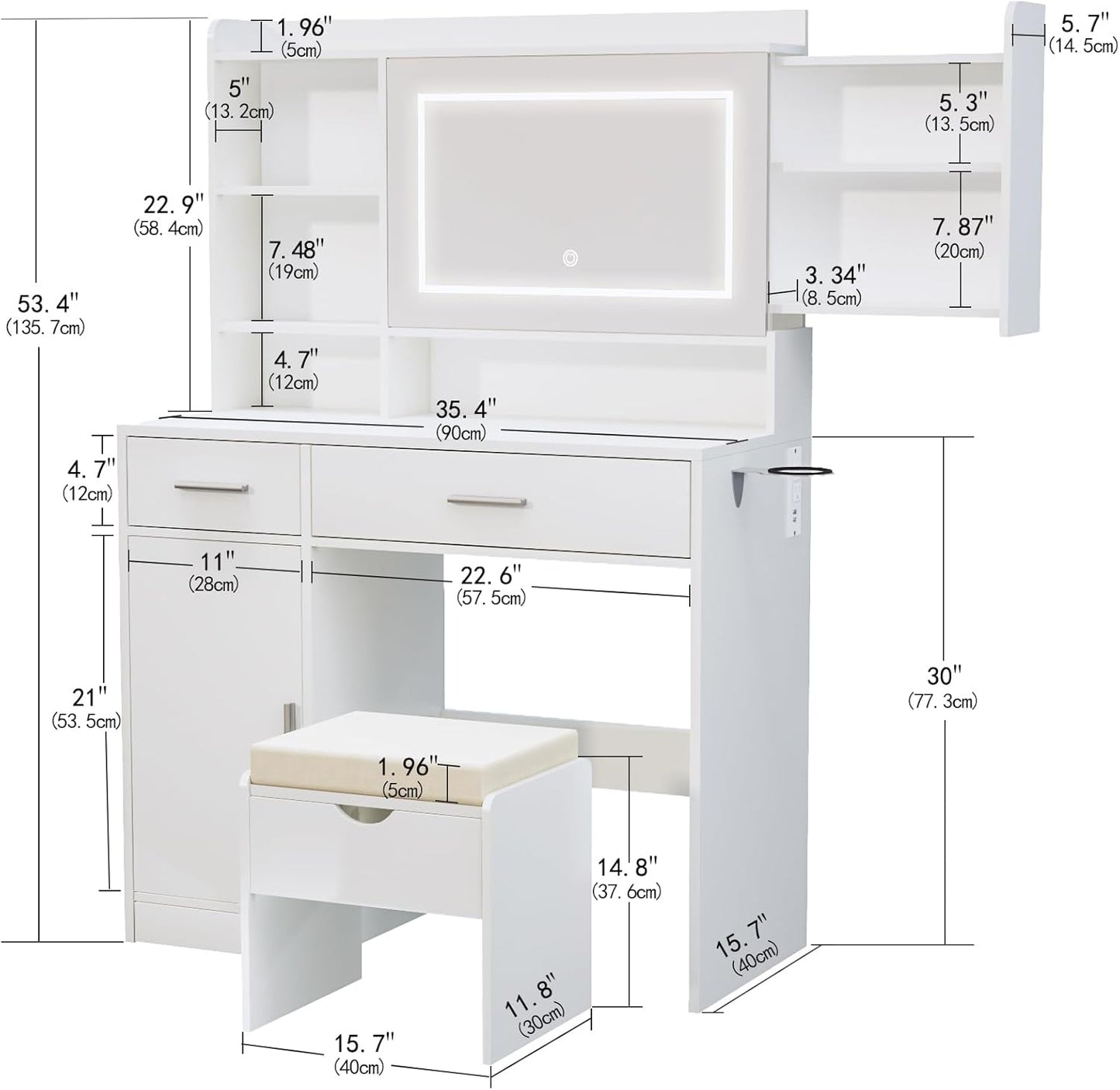 Vanity Desk with Mirror and Lights, with Hidden Shelves,4 Compartments,2 Drawers,Cabinet & Stool,Dimmable LED Lights,Power Outlets, Ideal for Bedroom Vanity Organization(White)