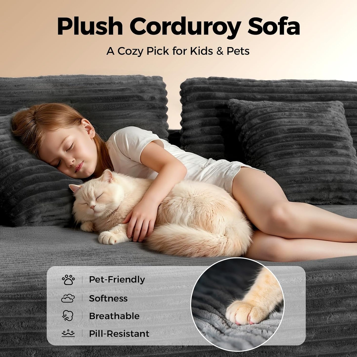 108” Cloud Sectional Couch in One Box, Compressed Modular Sectional Sofa with Deep Seat, Corduroy Boneless Couches, L-Shaped Sofa for Living Room, 4 Storage Pockets(Left Facing Chaise, Grey)