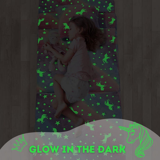 Glow Rainbow Unicorn Tri-Fold Sofa Bed for Kids, Foldable Futon Mattress, Chair, and Floor Couch for Playroom