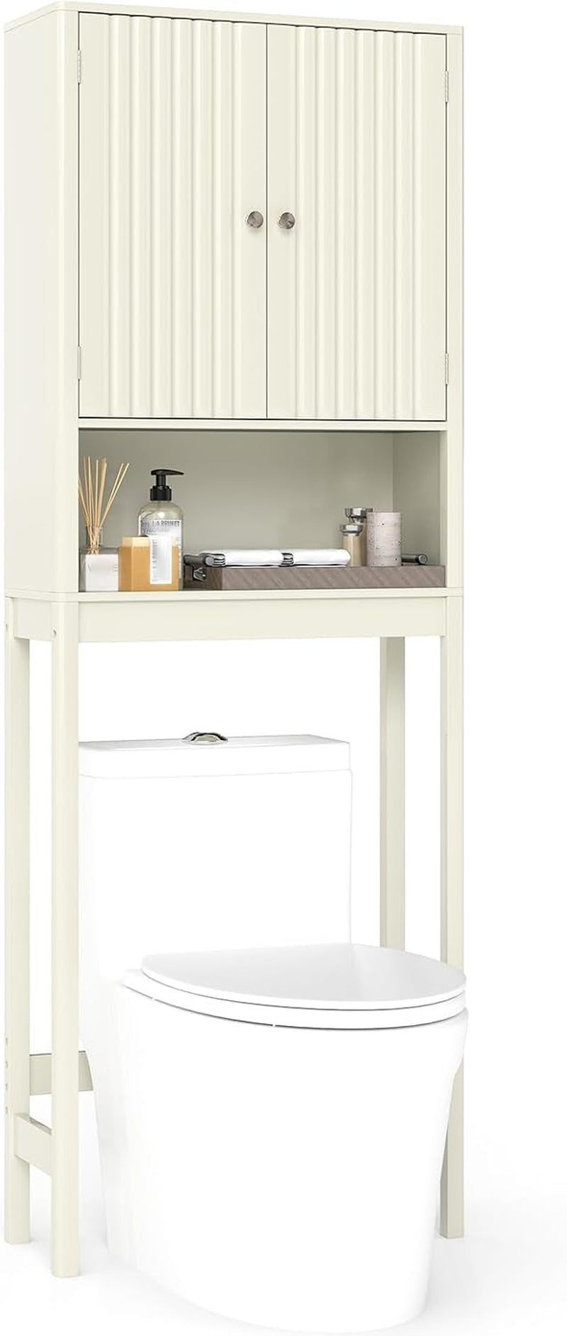 over the Toilet Storage Cabinet, above Toilet Bathroom Organizer with Fluted Doors, Adjustable Shelf & Bottom Bar, Tall Freestanding Rack Space Saver over Toilet (White)