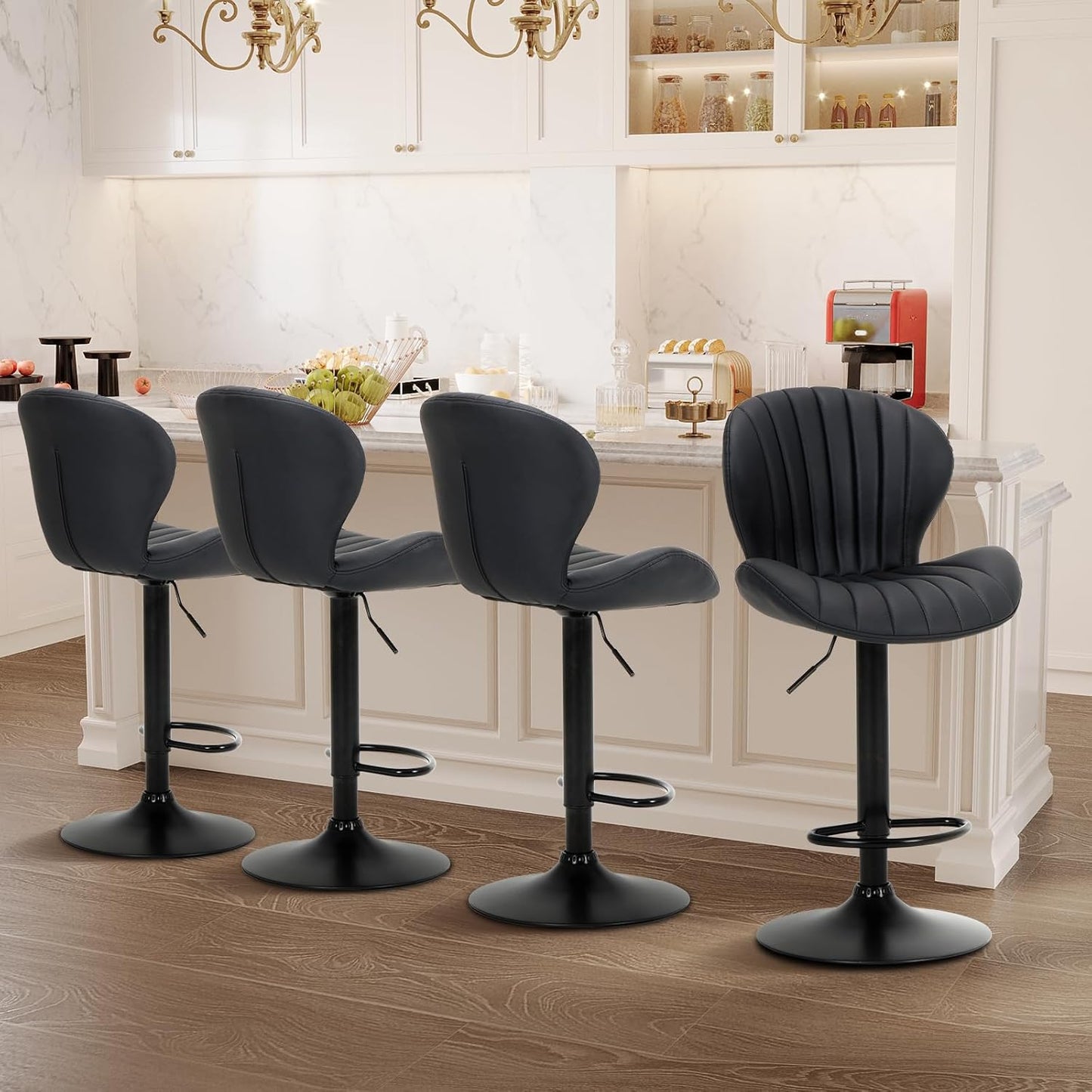 Bar Stools Set of 2, Modern Swivel Bar Chairs, Adjustable Faux Leather Upholstered Barstools Counter Height with High Backrest for Bar, Kitchen Island, Dining Room, Black