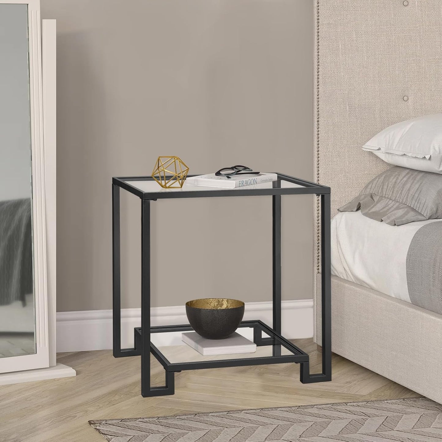 Black 2 tier rectangular metal side table with glass top, view 6