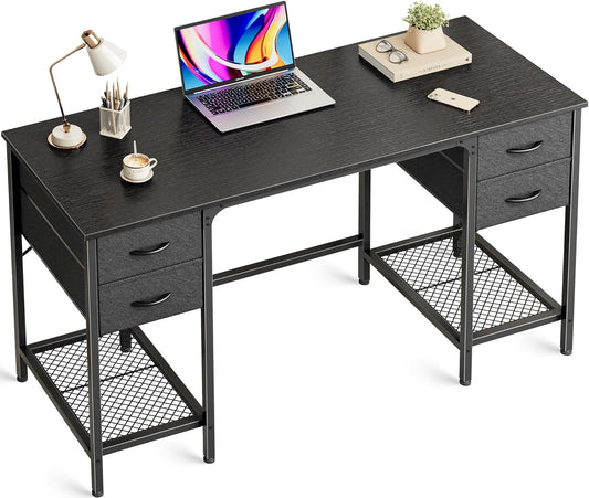 47 Inch Computer Desk with 4 Drawers, Office Desk with Mesh Shelf, Gaming Desk, Large Storage, Writing Work Desk for Home Office, Study, Bedroom, Work from Home, Black