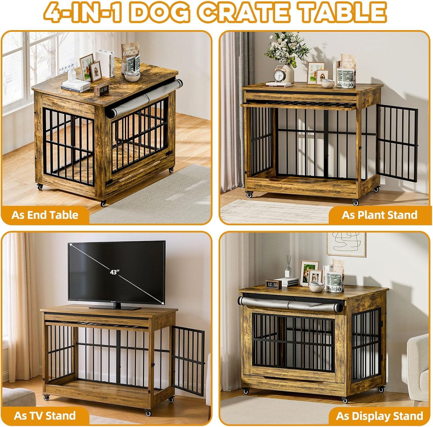 42" Large Dog Crate Furniture, Double Door Wooden Indoor Dog Kennel Furniture, Decorative Pet Cage End Table with Wheels for Large Breed Dogs, Size XL, Rustic Brown