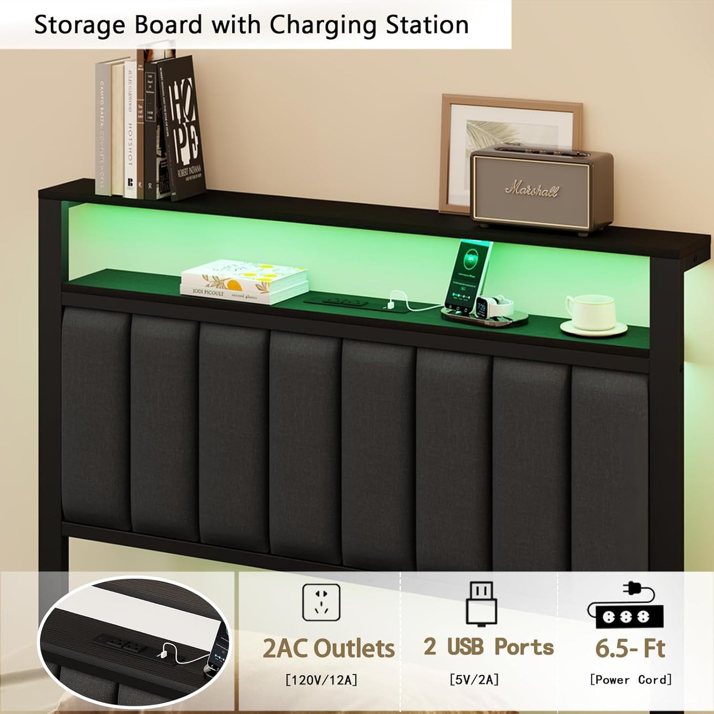Twin Bed Frames with Charging Station and LED Lights, Grey Upholstered Headboard with Shelves, Metal Platform Bed with 2 Under-Bed Storage (Fabric Drawer on Wheels), No Box Spring Needed