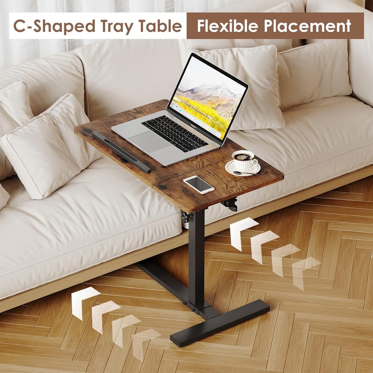 Laptop Desk Bedside Table with Wheels Laptop Stand for Couch Adjustable Tv Tray C End Table, Mobile Sofa Snack Table with Tiltable Top, Brown