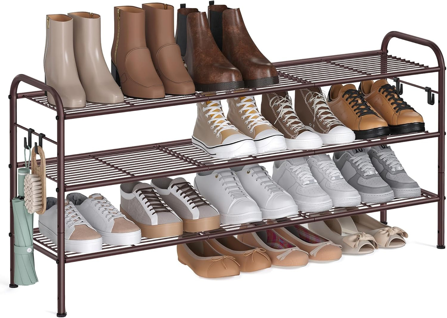 Shoe Rack, 2-Tier Shoe Organizer, Metal Shoe Shelf Storage with 4 Side Hooks, Holds 12 Pairs of Shoes, Height-Adjustable Shoe Rack for Entryway, Hallway, Closet, Easy Assembly, Ink Black