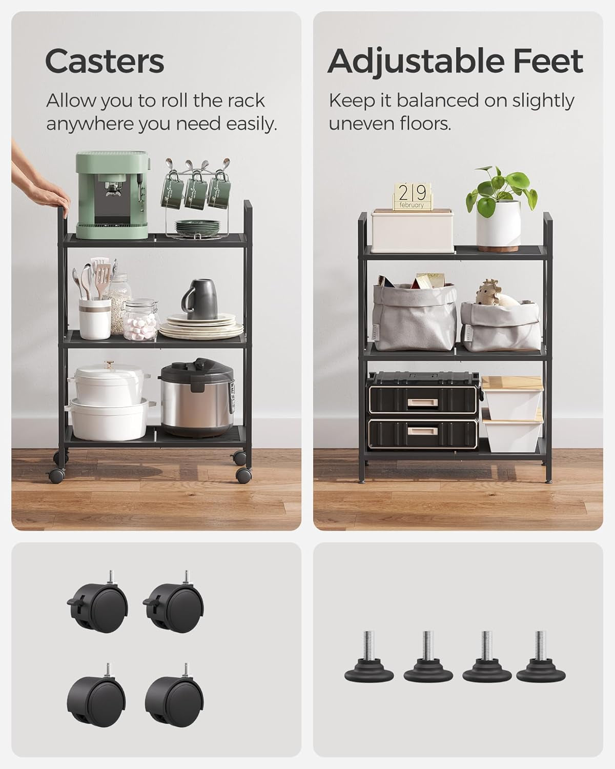 3-Tier Metal Storage Rack with Wheels, Mesh Shelving Unit with X Side Frames, 23.6-Inch Width, for Entryway, Kitchen, Living Room, Bathroom, Industrial Style, Black UBSC163B01