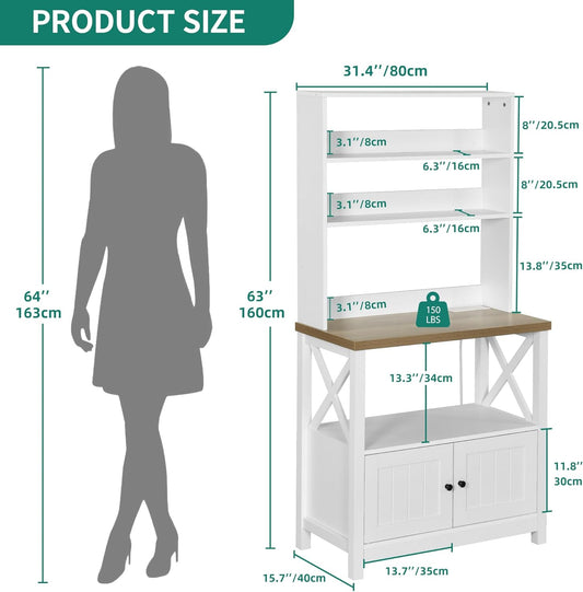 White Microwave Stand Bakers Rack Cabinet, Farmhouse Freestanding Small Kitchen Pantry Hutch Tall W Door Power Outlet Thickened Counter, Coffee Bar Storage Shelves
