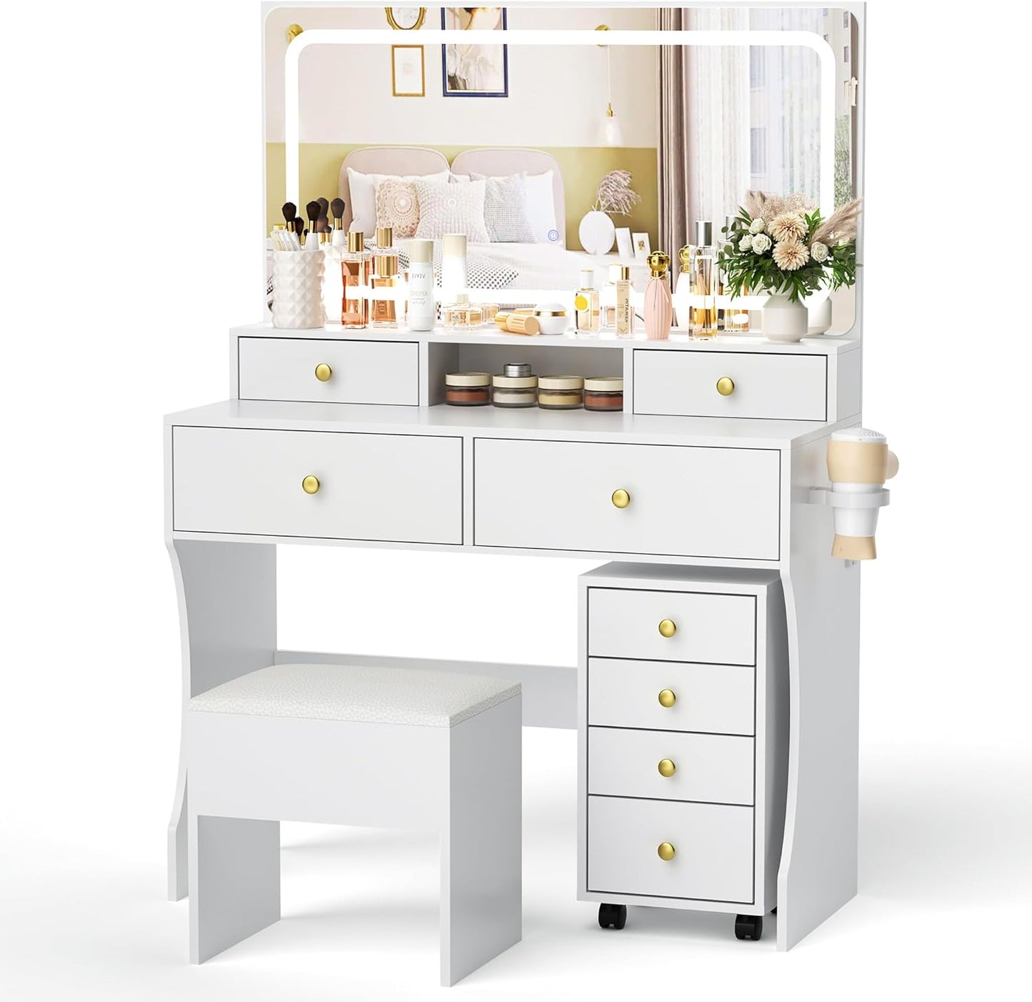 Vanity Desk with File Cabinet, 8 Drawers Makeup Vanity with Mirror and Lights,3 Lighting Modes Dressing Table with Chair, Power Outlet, Silent Slides, White