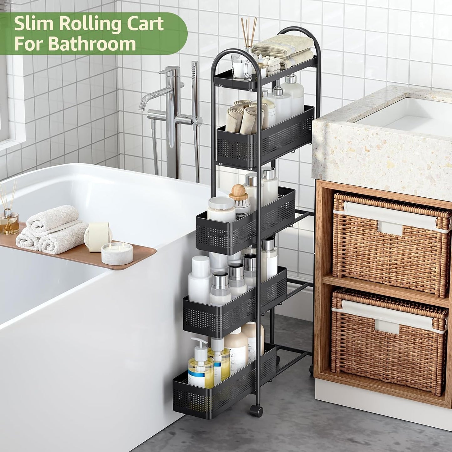 Black 5 tier slim rolling storage cart with pull out basket, view 9