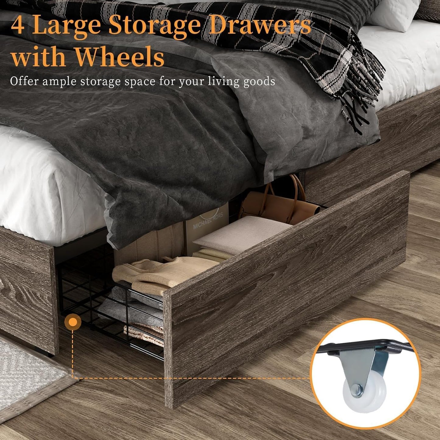 2-Piece Bedroom Set, Farmhouse Full Size Bed Frame and 5 Drawers Dresser, Wooden Storage Bed with Charging Station & 4 Drawers, Tall Dressers Organizer with Metal Handles for Bedroom, Grey