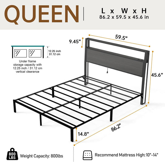 Queen Size Bed Frame with Headboard, Metal Platform Bed Frame with LED Lights & Charging Station, under Bed Storage, Solid and Stable, No Box Spring Needed, Noise Free, Easy Assembly, Dark Grey