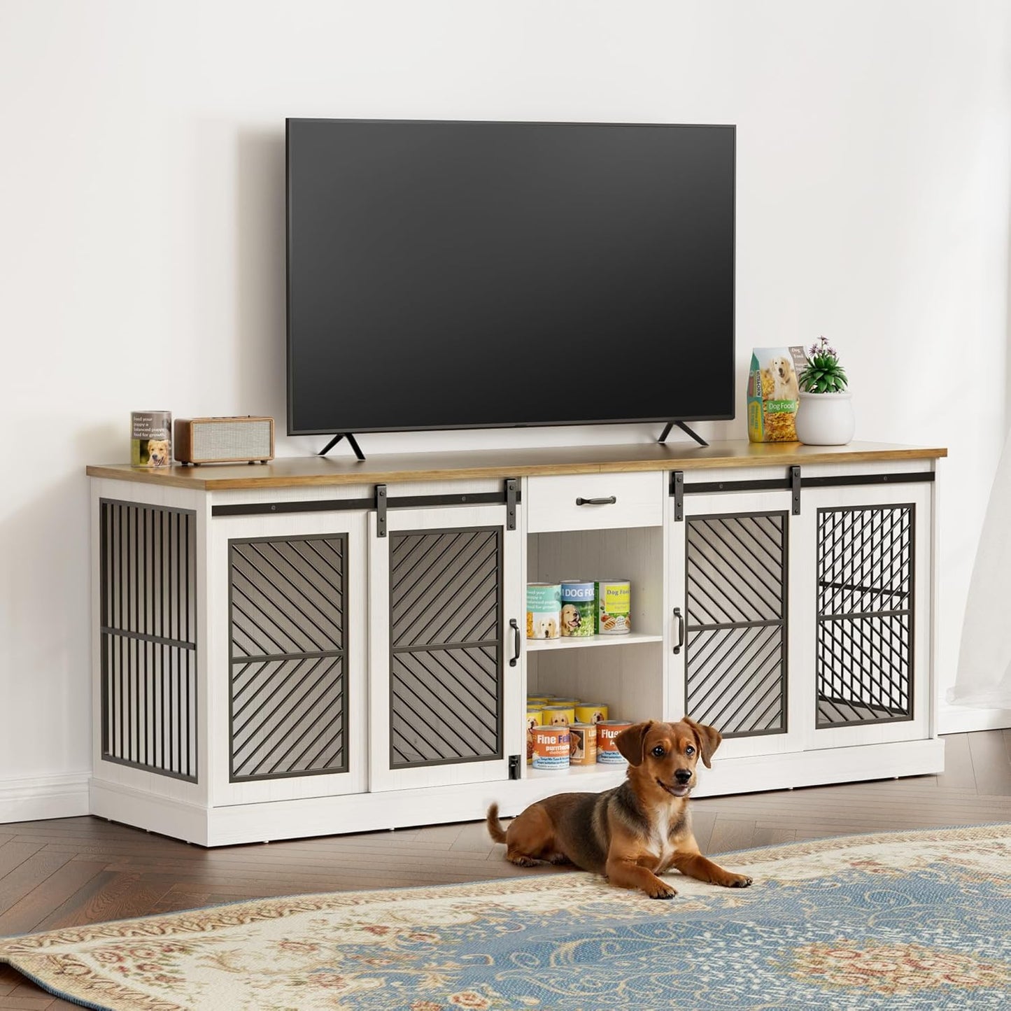 87" Dog Crate Furniture for 2 Dogs,Wooden Dog Kennel Indoor with Double Doors,Escape-Proof and Chew-Proof Heavy Duty Dog House TV Stand,White