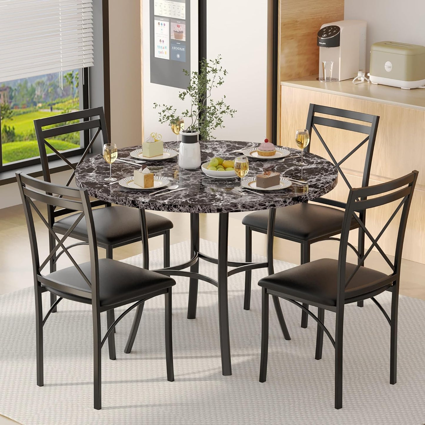 5 Piece Dining Table Set for 4, Faux Marble Dinette with Chairs for Kitchen, Breakfast Nook, Small Space, Black