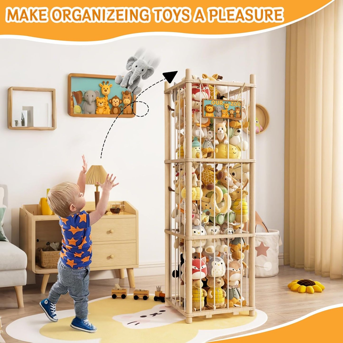 Wooden Stuffed Animals Storage Tower, Vertical Stuffy Animal Zoo Organizer with Nameplate, Large Stuffed Animal Cage for Kids Room, Stuffy Storage Holder for Nursery and Playroom Natural Wood