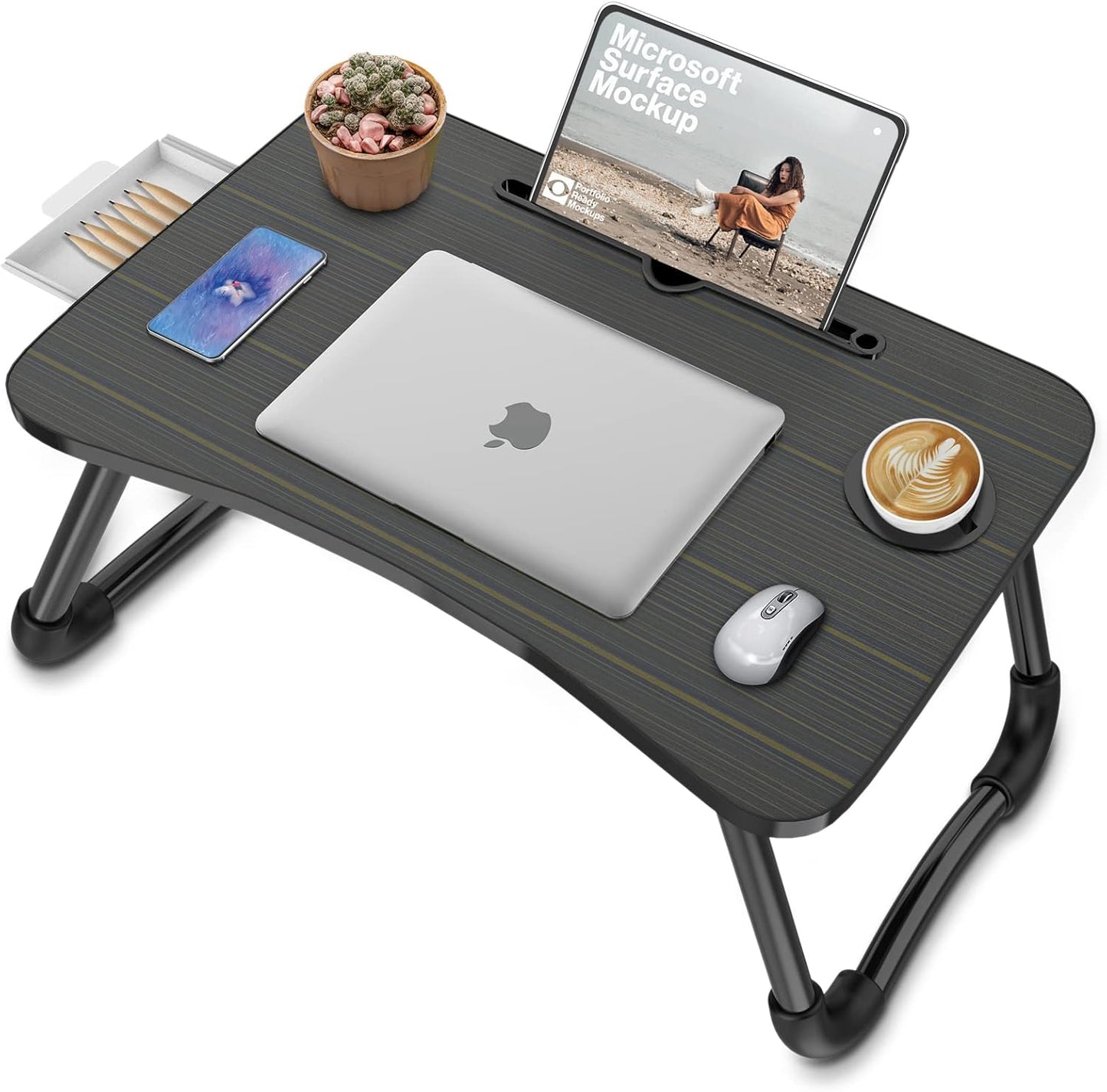 Foldable Laptop Bed Table Multi-Function Lap Serving Tray Dining Table with Storage Drawer and Water Bottle Holder, Slot for Eating, Working on Couch/Sofa (Arc Shape)