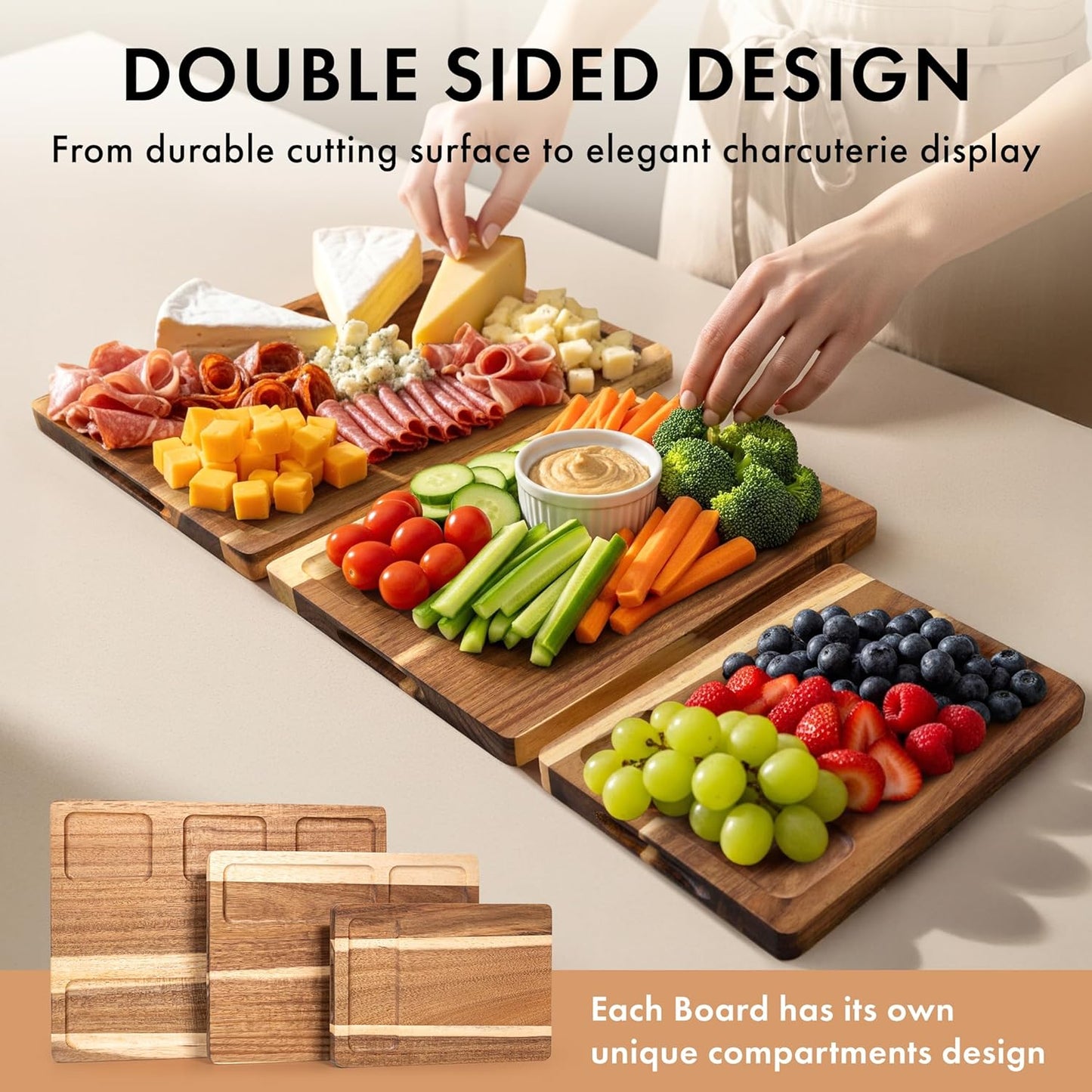 Acacia Wood Cutting Board for Kitchen, Non-Toxic Cutting Board Set of 3, Chopping Boards with Deep Juice Groove for Meat, Cheese & Vegetables - Durable & Double Sided with Serving Compartments