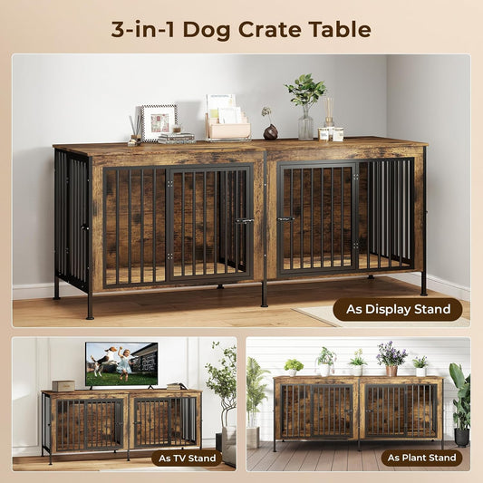 Dog Crate Furniture for 2 Large Dogs – 78" XXL Double Dog Kennel with Divider, Extra Large Wooden Dog Cage TV Stand, Heavy Duty Indoor Dog House, Pre-Assembled, Brown