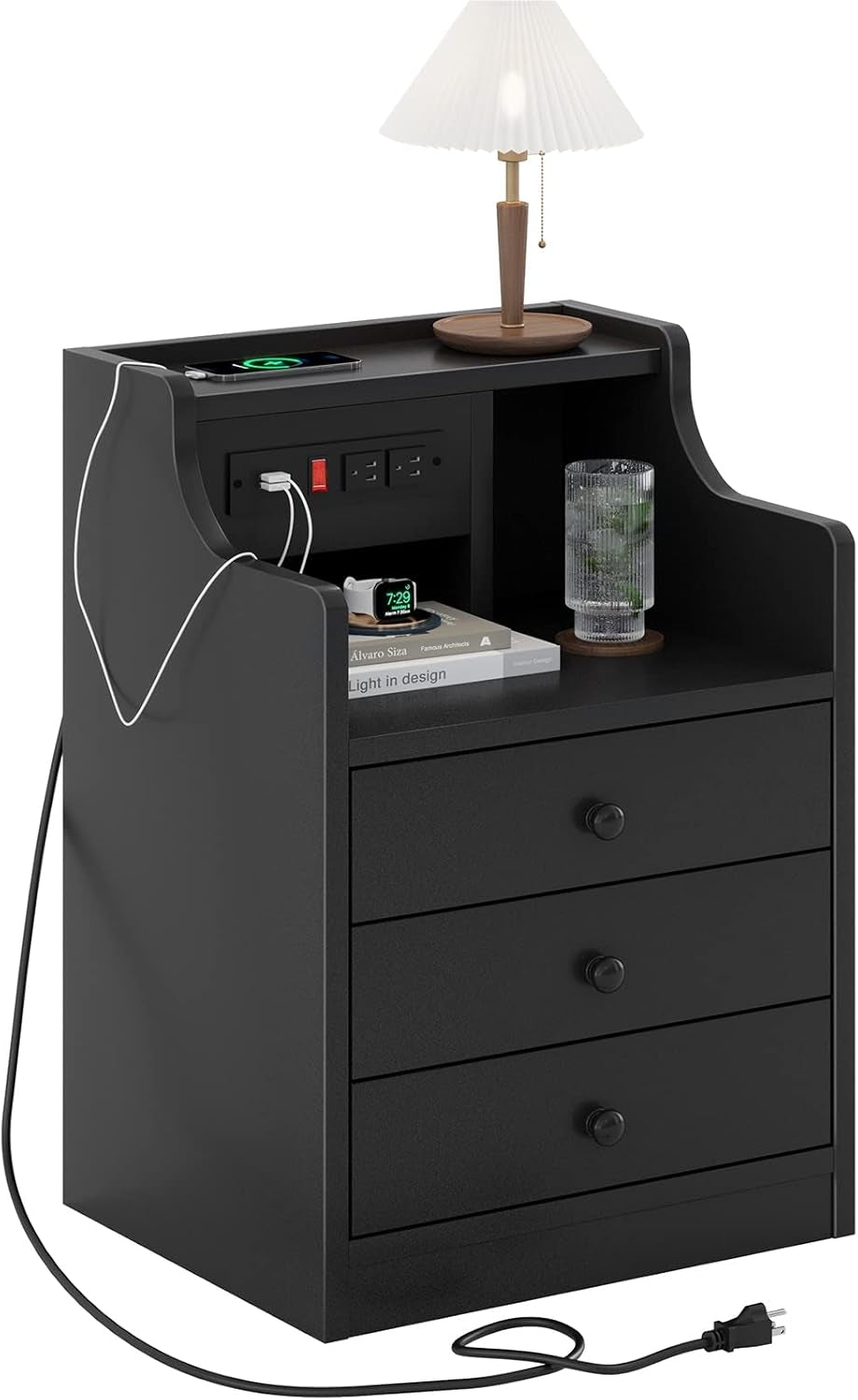 Nightstand with Charging Station,Black Night Stand for Bedroom,End Table with Hutch & Storage Drawers
