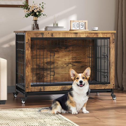 Dog Kennel Furniture with Wheels, Wooden Dog Crate Furniture with Cushion, 38" Dog Crate End Table with Tray for Small/Medium Dog (Rustic Brown)