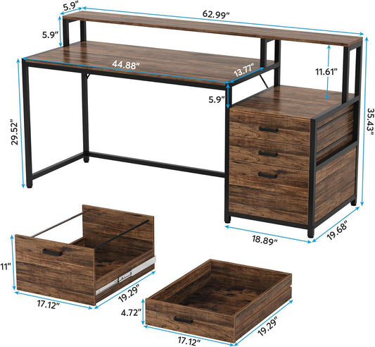 63 Inch Computer Desk with File Drawer Cabinet, Ergonomic Office Desk with Monitor Stand, Industrial Computer Table with Printer Space, Wood PC Table Workstation Desk for Home Office