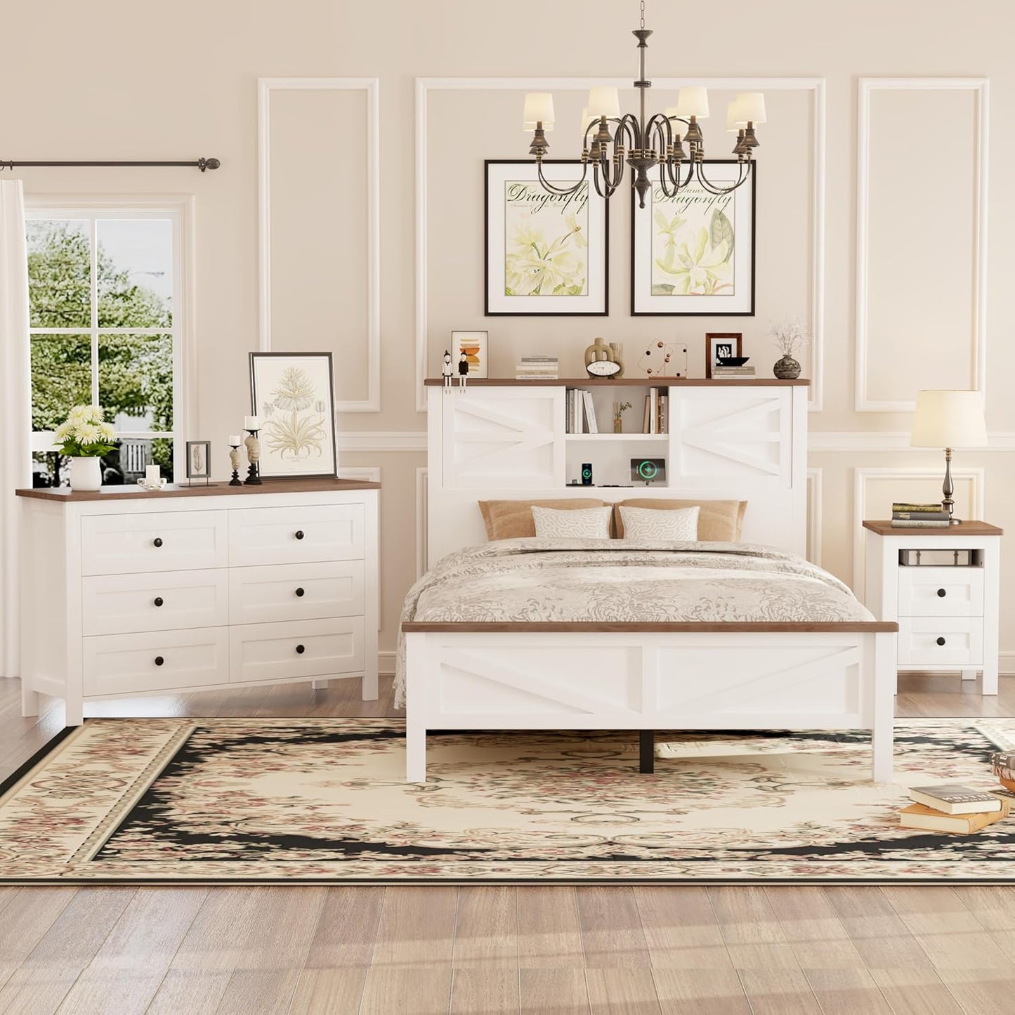 3-Pieces Full Size Bedroom Sets Farmhouse Platform Bed with Double Sliding Door Storage Headboard, Storage Nightstand and Dresser, White
