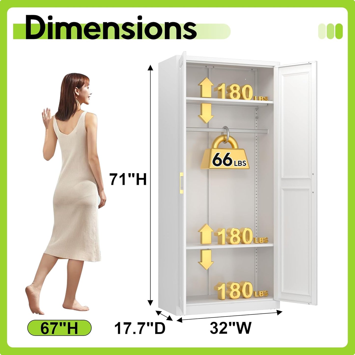 Armoire Wardrobe Closet with Doors, 71'' Wardrobe Cabinet with Hanging Rod, Metal Closet with 2 Adjustable Shelves for Bedroom School, Employee, Gym, Armarios De Ropa Para Dormitorio, White