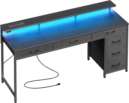 Gaming Desk with 6 Drawers, Computer Desk with LED Lights Power Outlets and Type-C, 55 Inch Office Desk with Storage, Monitor Stand, Writing Desk Work Desk Home Office, Bedroom, Study, Black