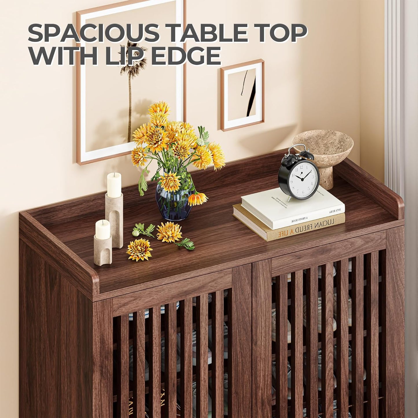 Shoe Cabinet with Slatted Doors, 6-Tier Shoe Storage Cabinet with Adjustable Shelves, Wooden Shoe Rack Organizer for Entryway, Hallway, Closet, Living Room, Walnut