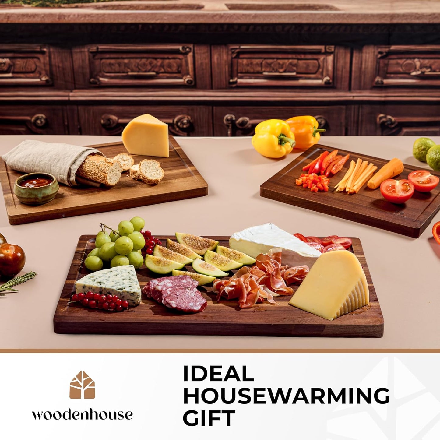 Acacia Wood Cutting Board Set of 3 with Holder, Juice Grooves & Built-In Handles - Durable, Wooden Cutting Boards for Kitchen, Perfect for Chopping, Food Prep and Serving as a Charcuterie