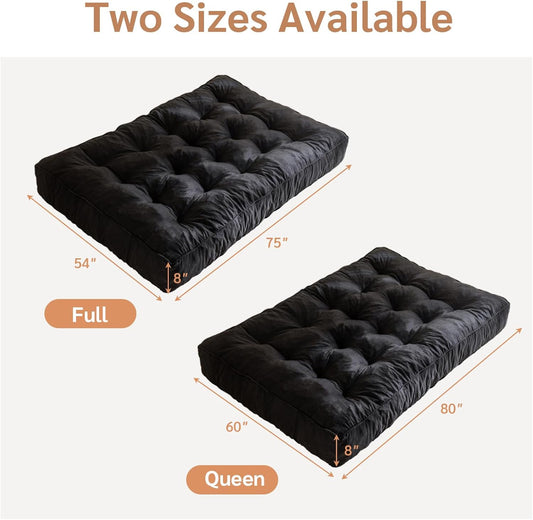 8 Inches Futon Mattress Full Size, Thick Futons Sofa Couch Bed, Floor Mattress for Adults, Shredded Foam Filling, Medium Firm(Frame Not Included), Black, 54"X75"