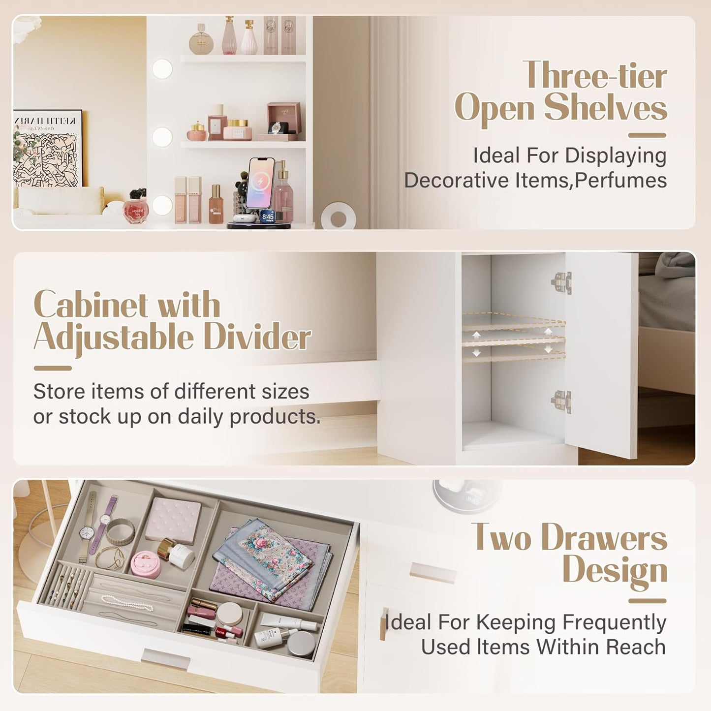 35.4" Vanity Desk with LED Mirror & Power Outlet, Makeup Vanity Table with 3 Open Storage Shelves, Drawers and Cabinet, 3 Model Adjustable Lights for Bedroom & Dressing Room (White)