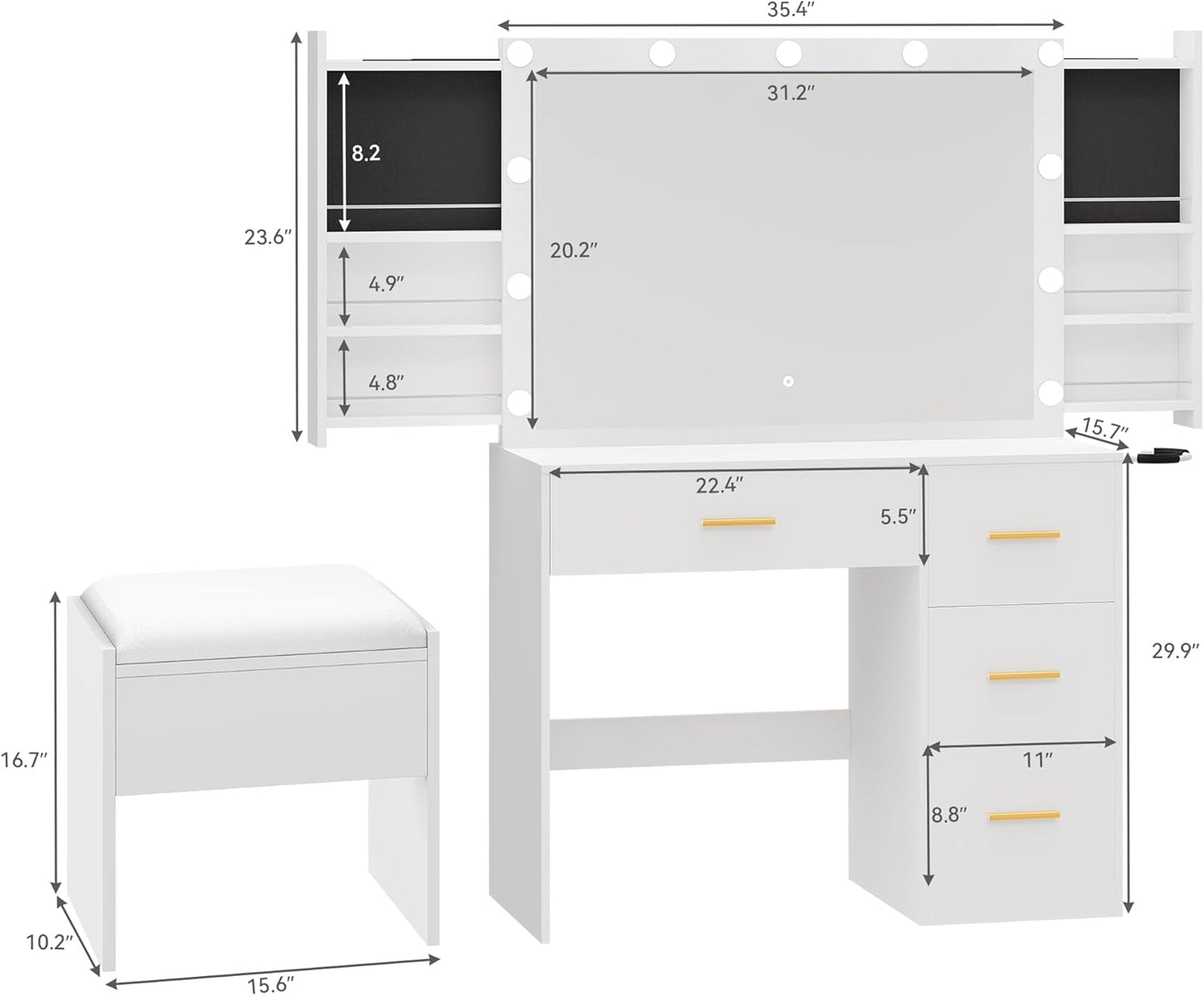Makeup Vanity Table with Lighted Mirror, Cushioned Stool, 4 Storage Drawers & Hidden Jewelry Organizer, 3-Mode LED Lighting