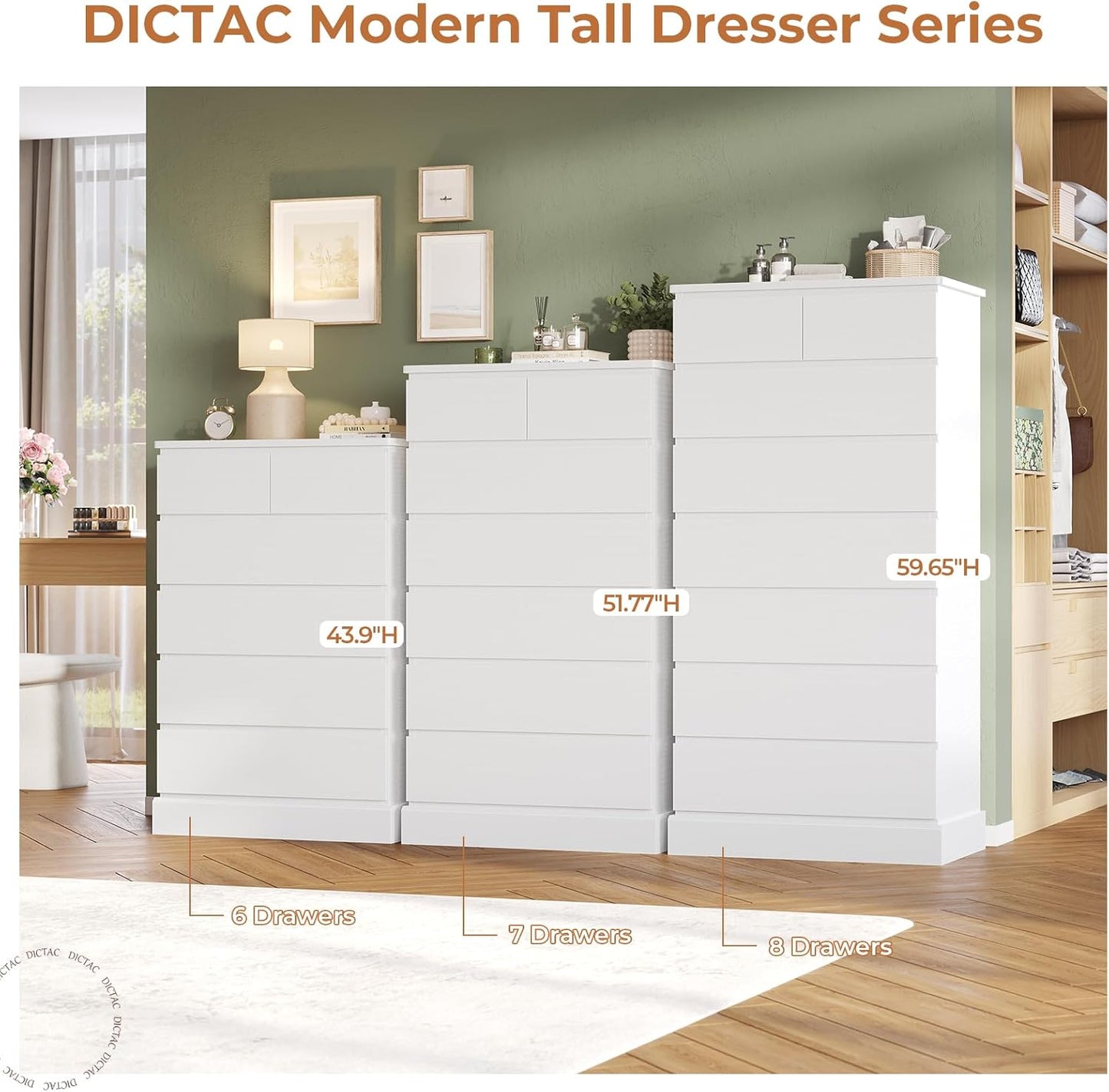 White Tall Dresser for Bedroom with 8 Drawers, 59.6" Tall Dressers & Chests of Drawers, Modern Wood Closet Organizer and Storage Cabinet, Large Vertical Dresser for Bedroom, Closet, Hallway