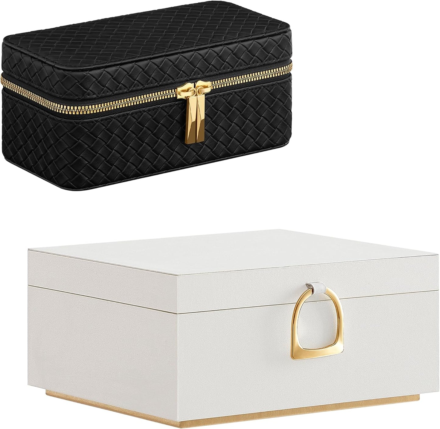2-Layer Jewelry Box Bundle with Watch Case, Jewelry Organizer with Removable Tray, 3-Slot Watch Travel Box, Gift Idea, White and Ink Black UJBC165W01 and UJWB017B01