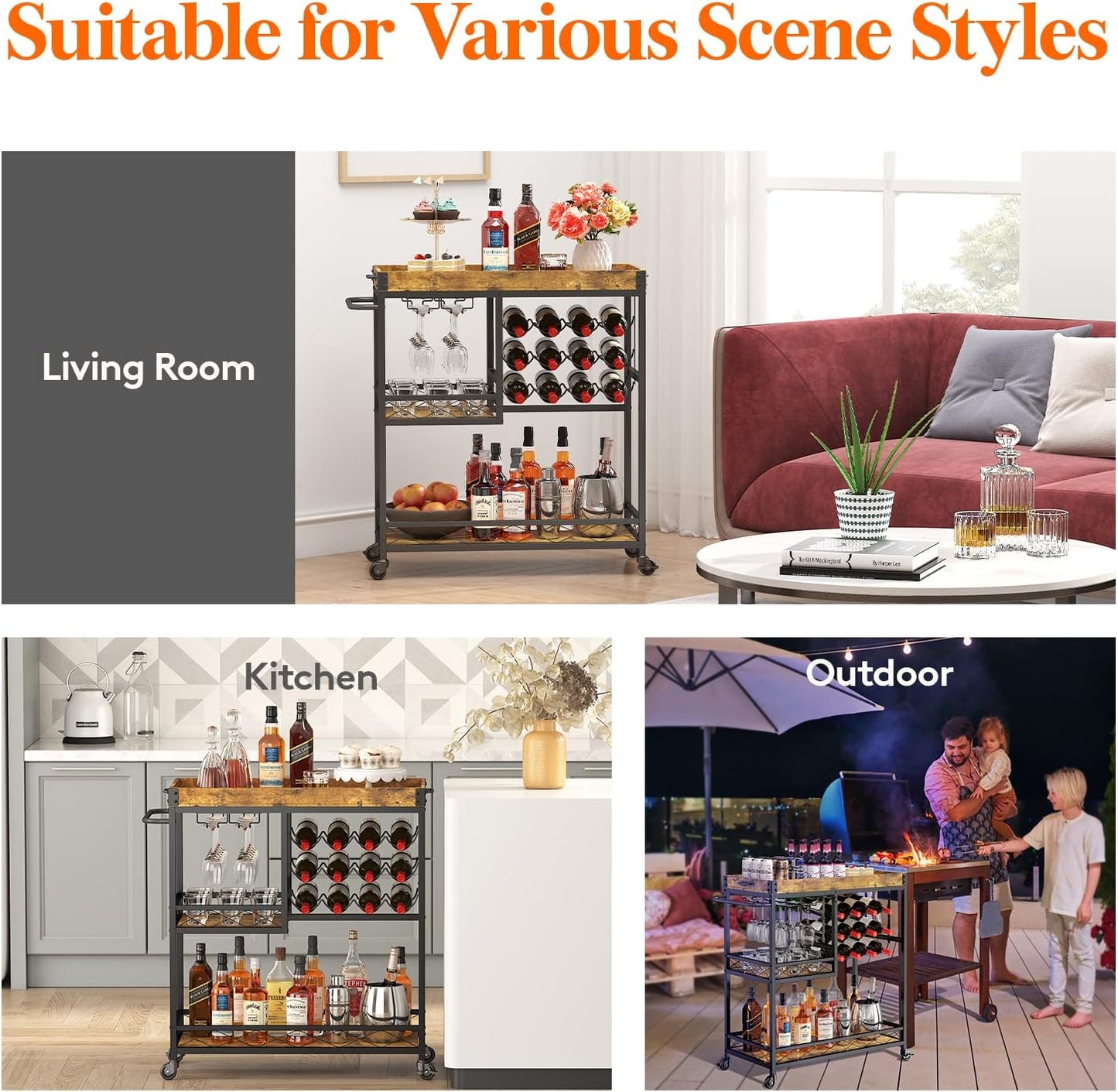 Bar Cart, Home Bar Serving Cart, 3 Tier Drink Cart with 12 Wine Bottle Racks, Liquor Beverage Cart for Kitchen Dining Livingroom, 31.5" X 15.7" X 36.6", Removable Top Tray, Rustic Brown