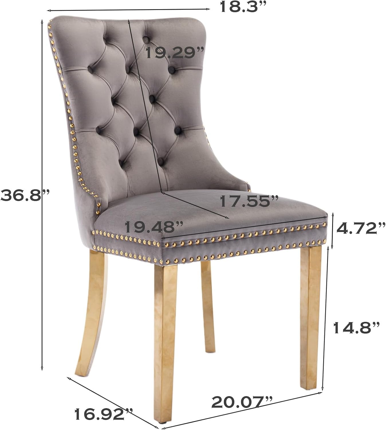 Velvet Dining Chair Set of 4, Upholstered Tufted Dining Room Chair with Nailhead Trim and Solid Gold Plated Leg for Kitchen (Grey)