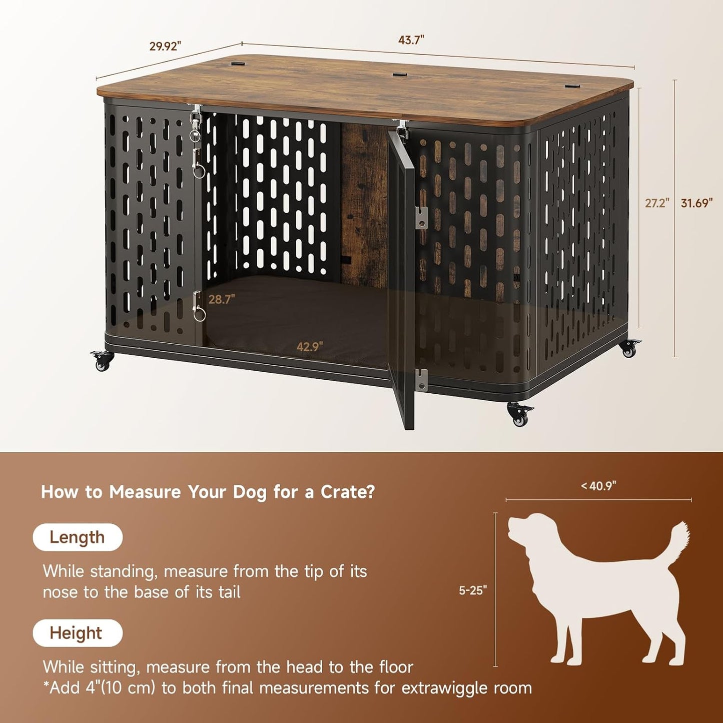 43.7" Dog Crate Furniture with Wheels, Indoor Heavy Duty Dog Kennel with Flip Top & Cushion for Medium Dogs, Escape-Proof and Chew-Proof Pet Cage for High Anxiety Pet, Decorate as TV Stand