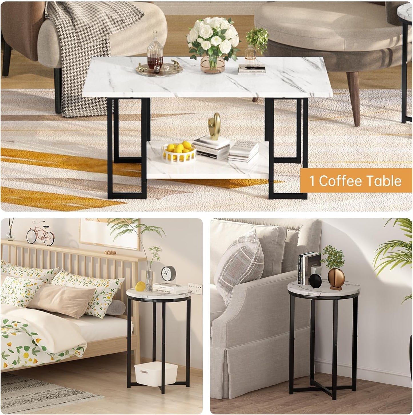 Faux marble coffee table with two round end tables in white and black, view 7