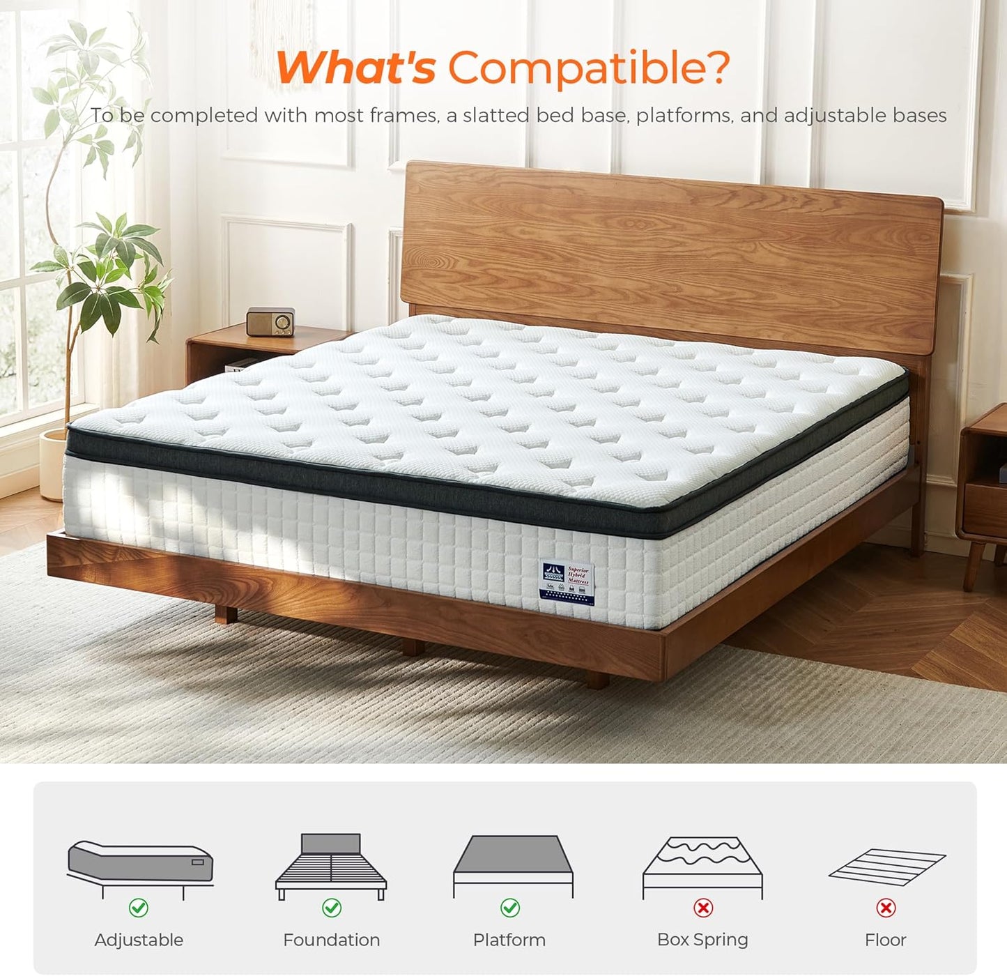 14 Inch King Size Mattress in a Box, Luxurious Hybrid Mattress with Pressure Relieving Memory Foam and Individual Pocket Innerspring Coils for Balanced Feel, Certipur-Us Certified