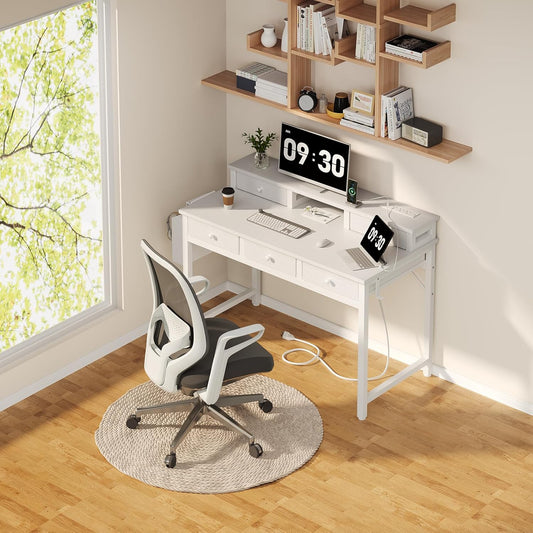 White Computer Desk with Fabric Drawers for Home Office, 40 Inch Vanity Makeup Desk with Drawers Storage for Bedroom, Writing Study Table with Power Outlet & Monitor Stand, White
