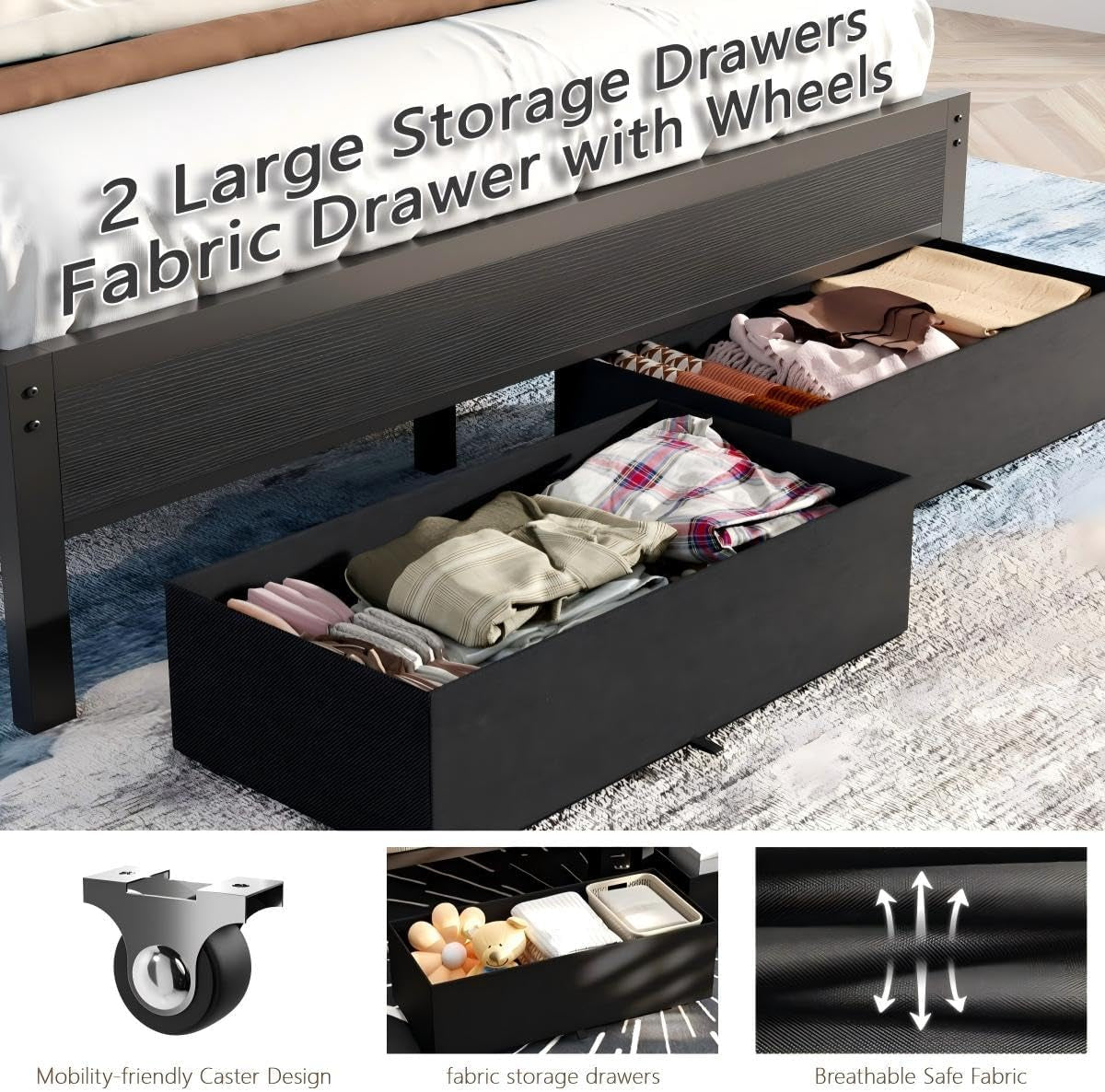 Full Size Bed Frame with Charging Station and LED Lights, Grey Upholstered Headboard with Shelves, Metal Platform Bed with 2 Under-Bed Storage (Fabric Drawer on Wheels), No Box Spring Needed