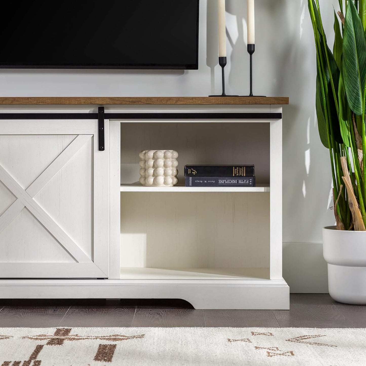 Corbin Modern Farmhouse Sliding X Barn Door TV Stand for Tvs up to 80 Inches, 70 Inch, Reclaimed Barnwood and Brushed White