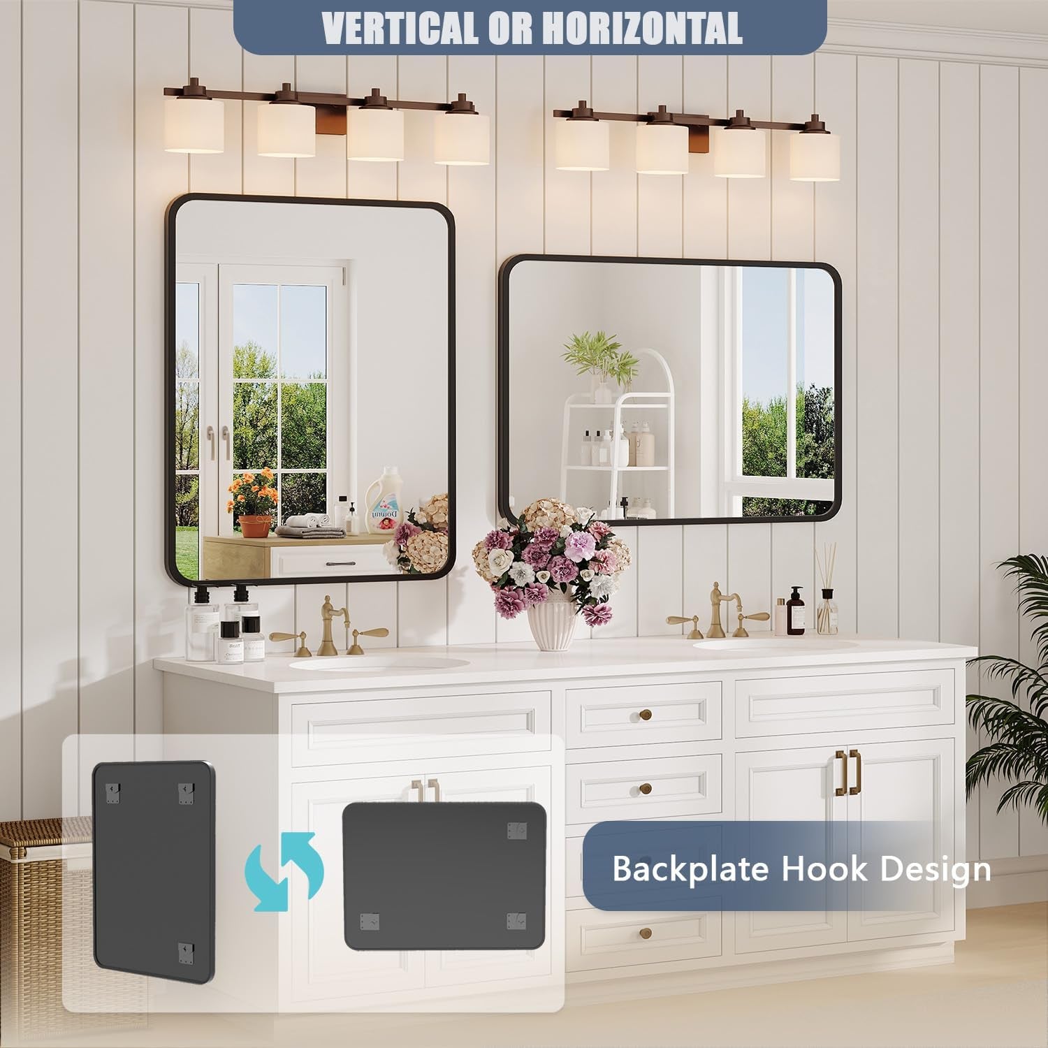 Black Bathroom Mirror for over Sink - 22×30 Rectangle Bathroom Vanity Mirror Wall Mounted with Matte Aluminum Frame & Rounded Corners, Shatterproof Tempered-Glass, Horizontal/Vertical
