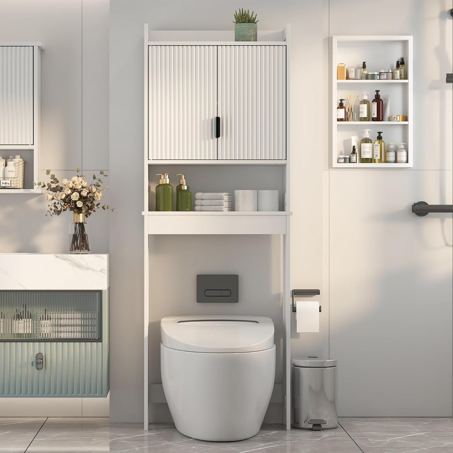 Bathroom over the Toilet Storage Cabinet,Farmhouse over the Toilet Storage with 2 Wave-Pattern Doors and Open Storage Shelf,Space Saver behind Toilet Bathroom Organizer for Restroom/Laundry