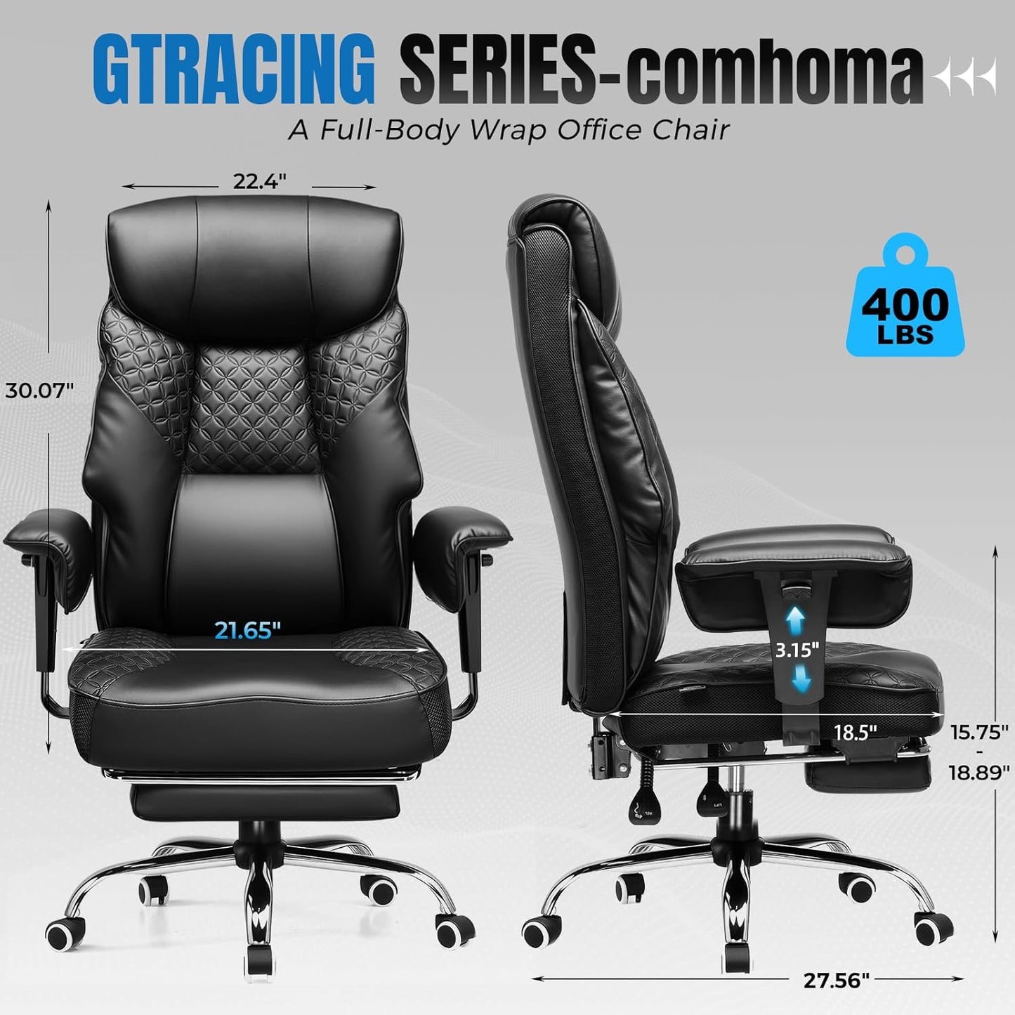 Big and Tall Office Chair 400LBS Wide Ergonomic Gaming Chair with Deluxe Embossing Designed Leather with Foot Rest,150°Reclining Adjustable Soft Armrests Pocket Spring Back Support and Pillow