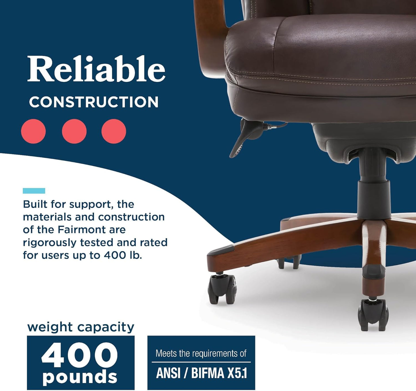 ® Fairmont Big and Tall Executive Office Chair with Memory Foam Cushions, High-Back Swivel Desk Chair with Wood Arms and Base, Bonded Leather, Brown